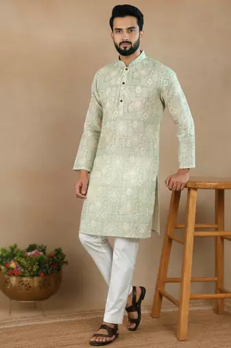Pista linen fabric printed ethnic looks kurta payjama for men