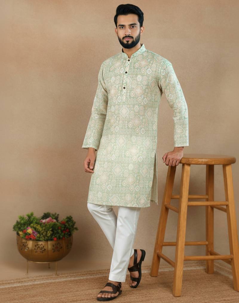 Pista linen fabric printed ethnic looks kurta payjama for men