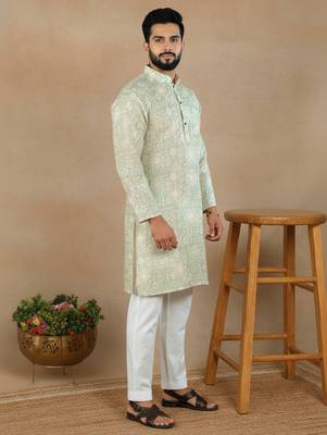 Pista linen fabric printed ethnic looks kurta payjama for men 5