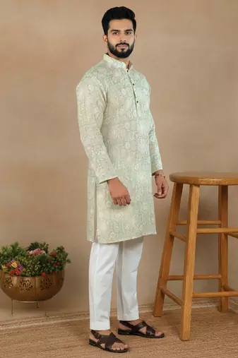 Pista linen fabric printed ethnic looks kurta payjama for men