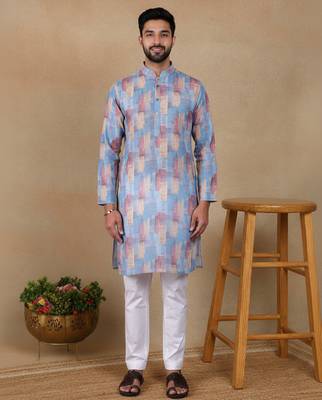 Blue linen fabric printed ethnic looks kurta payjama for men 1