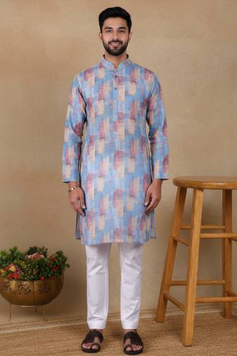 Blue linen fabric printed ethnic looks kurta payjama for men