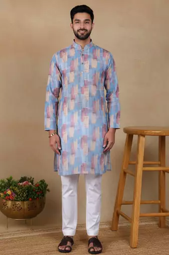 Blue linen fabric printed ethnic looks kurta payjama for men