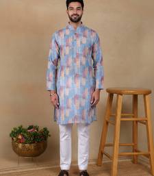 Blue linen fabric printed ethnic looks kurta payjama for men