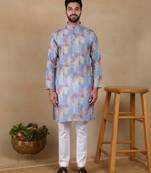 Blue linen fabric printed ethnic looks kurta payjama for men