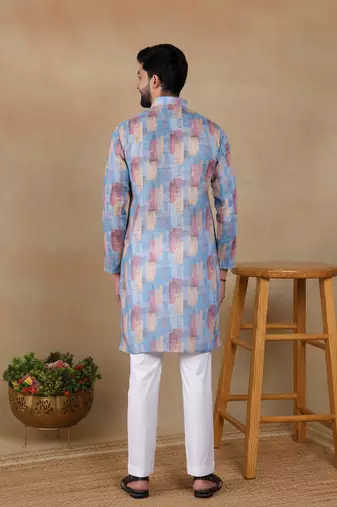 Blue linen fabric printed ethnic looks kurta payjama for men