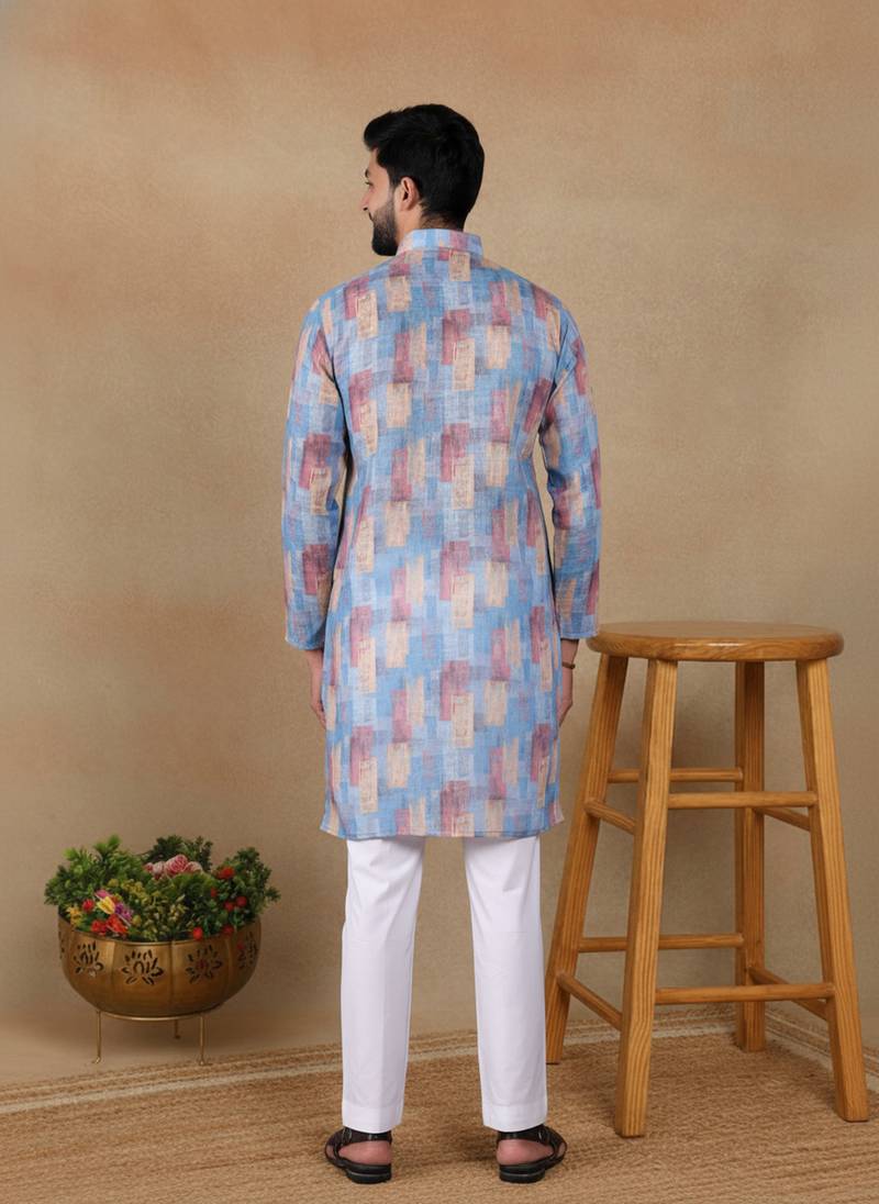 Blue linen fabric printed ethnic looks kurta payjama for men