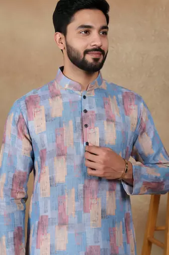 Blue linen fabric printed ethnic looks kurta payjama for men