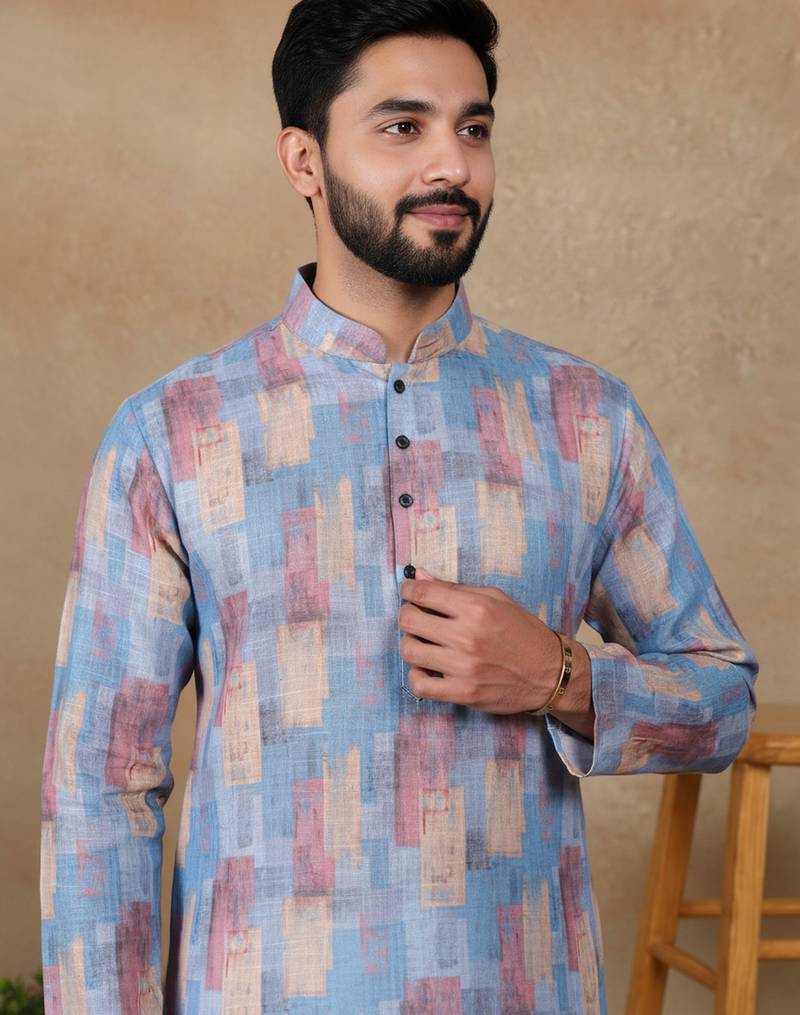 Blue linen fabric printed ethnic looks kurta payjama for men