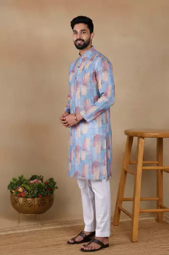Blue linen fabric printed ethnic looks kurta payjama for men