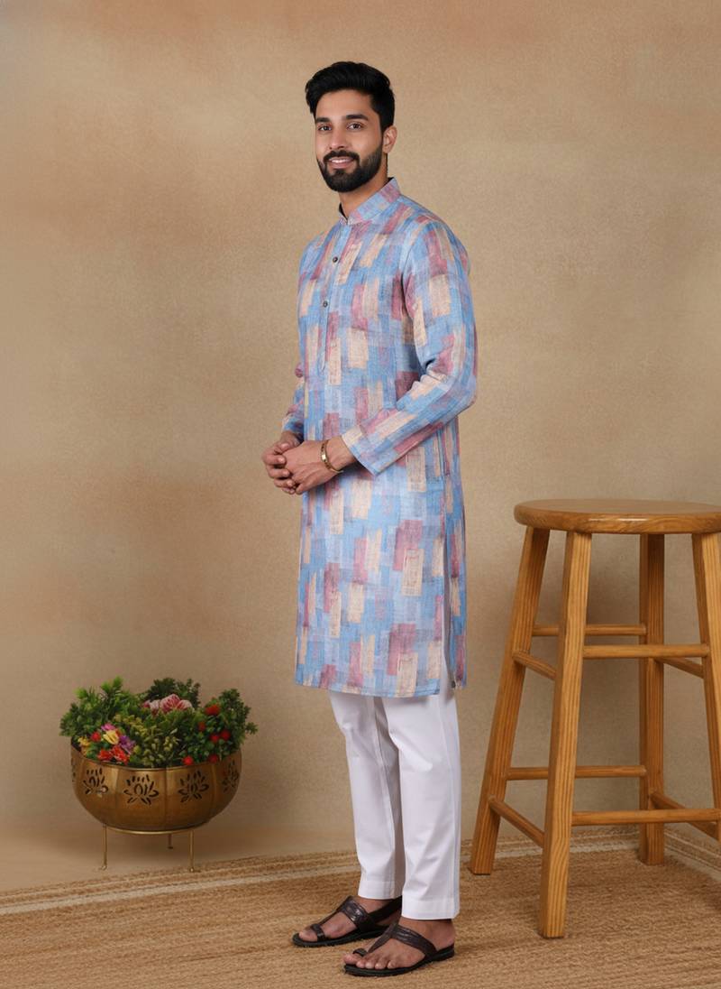 Blue linen fabric printed ethnic looks kurta payjama for men