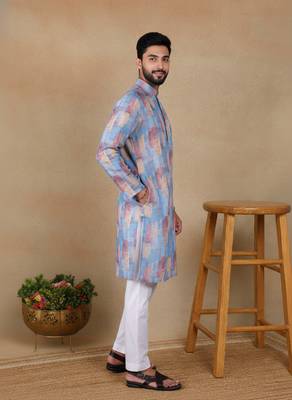 Blue linen fabric printed ethnic looks kurta payjama for men 5