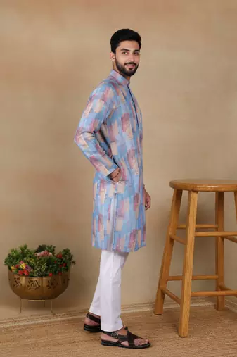 Blue linen fabric printed ethnic looks kurta payjama for men