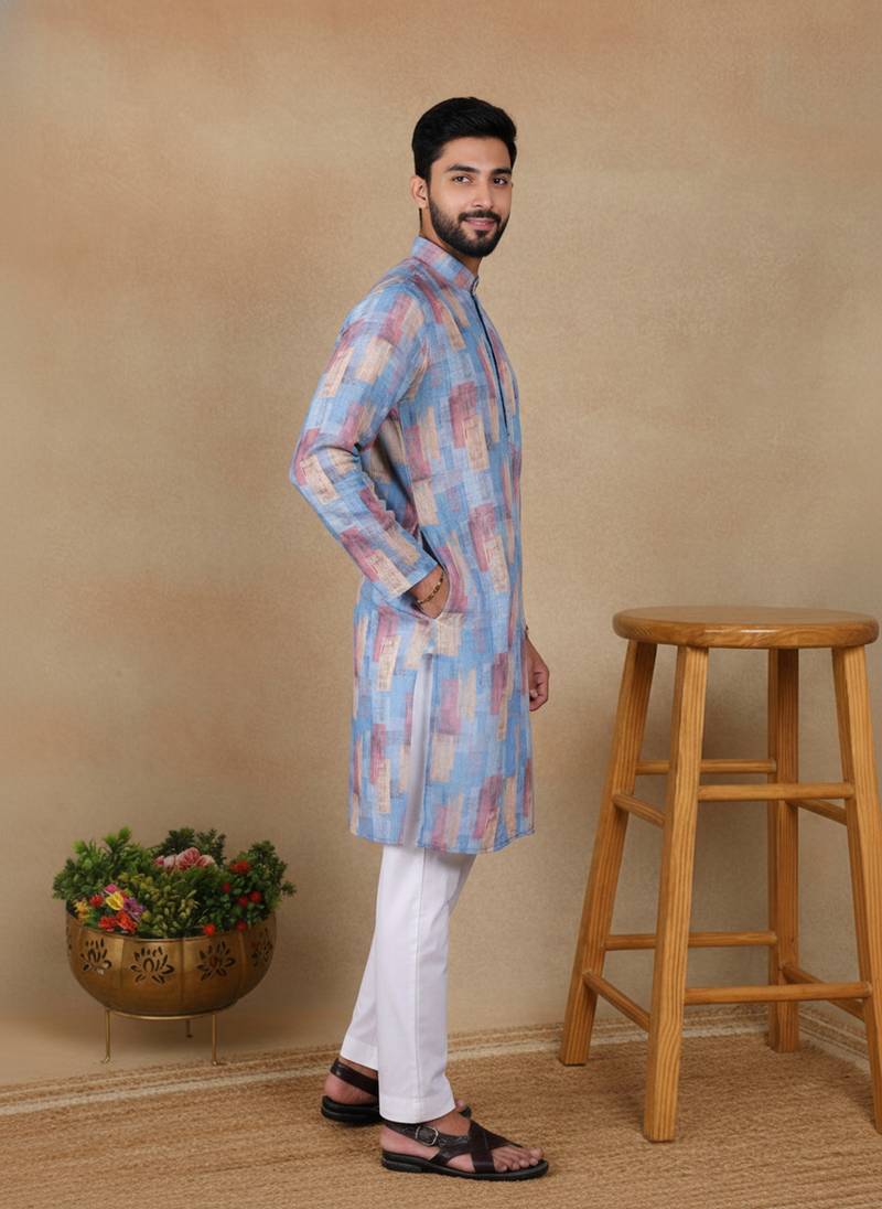 Blue linen fabric printed ethnic looks kurta payjama for men