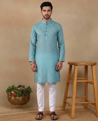 Green linen fabric printed ethnic looks kurta payjama for men 1