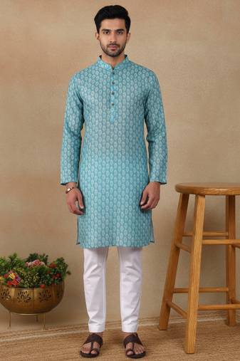 Green linen fabric printed ethnic looks kurta payjama for men