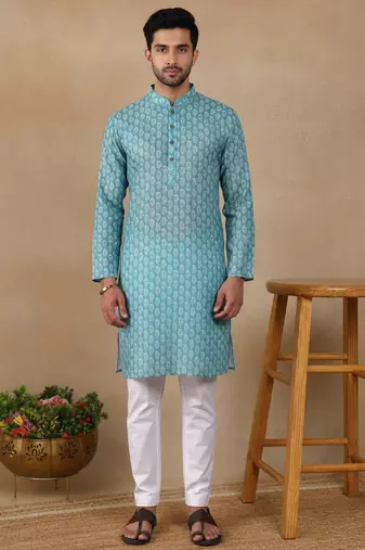 Green linen fabric printed ethnic looks kurta payjama for men