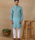 Green linen fabric printed ethnic looks kurta payjama for men