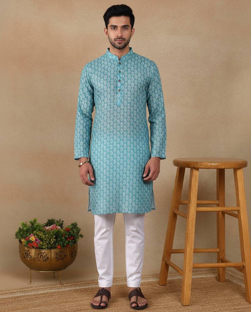 Green linen fabric printed ethnic looks kurta payjama for men