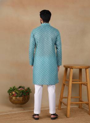 Green linen fabric printed ethnic looks kurta payjama for men 2