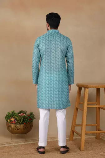 Green linen fabric printed ethnic looks kurta payjama for men