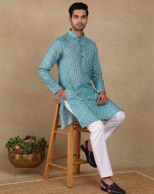 Green linen fabric printed ethnic looks kurta payjama for men 3