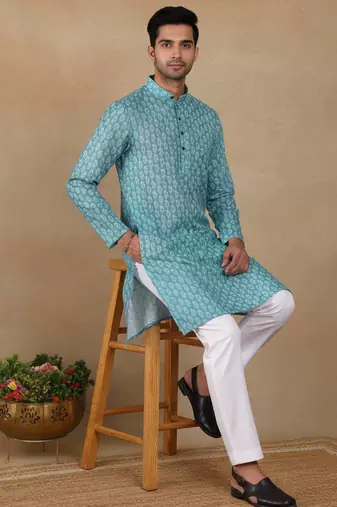 Green linen fabric printed ethnic looks kurta payjama for men