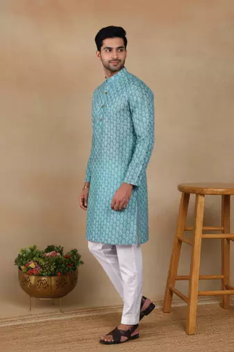 Green linen fabric printed ethnic looks kurta payjama for men