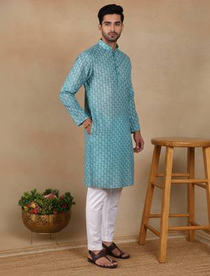 Green linen fabric printed ethnic looks kurta payjama for men 5