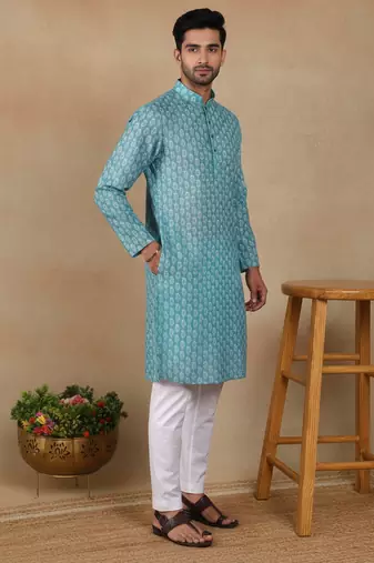 Green linen fabric printed ethnic looks kurta payjama for men