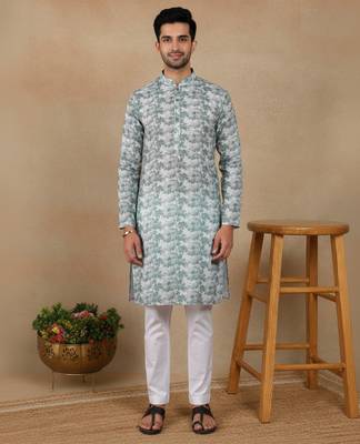 Green linen fabric printed ethnic looks kurta payjama for men 1