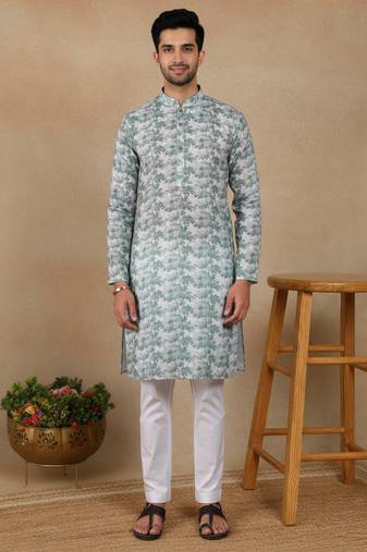 Green linen fabric printed ethnic looks kurta payjama for men