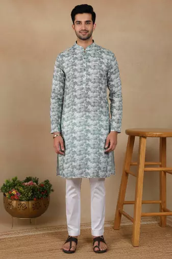 Green linen fabric printed ethnic looks kurta payjama for men