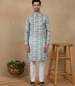 Green linen fabric printed ethnic looks kurta payjama for men