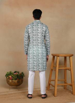 Green linen fabric printed ethnic looks kurta payjama for men 2