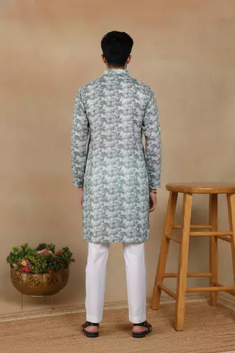 Green linen fabric printed ethnic looks kurta payjama for men