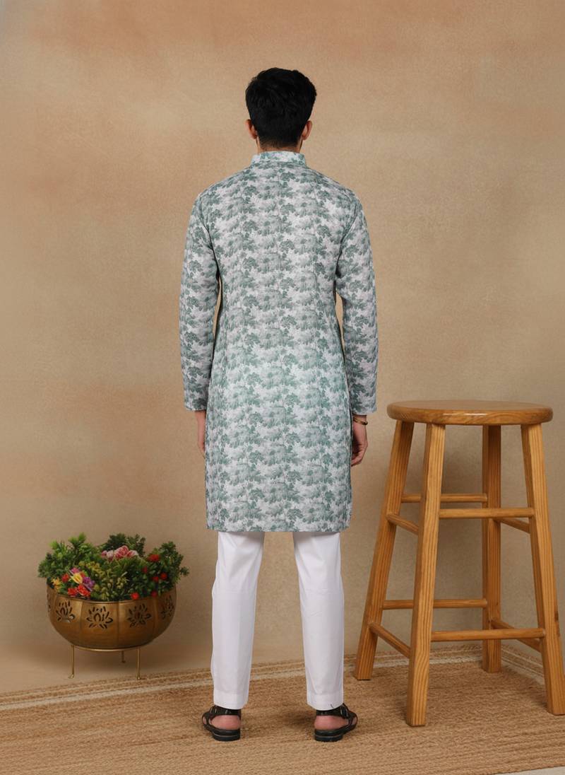 Green linen fabric printed ethnic looks kurta payjama for men