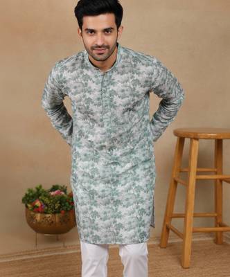 Green linen fabric printed ethnic looks kurta payjama for men 3