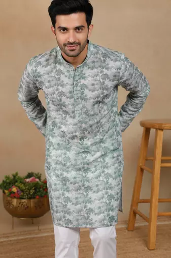 Green linen fabric printed ethnic looks kurta payjama for men