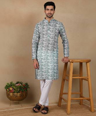 Green linen fabric printed ethnic looks kurta payjama for men 4