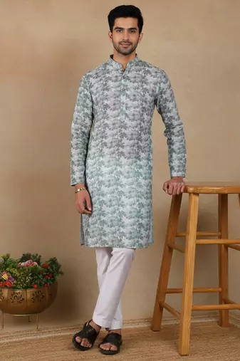 Green linen fabric printed ethnic looks kurta payjama for men