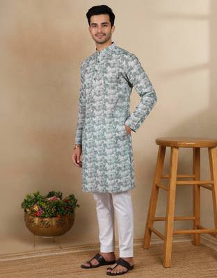 Green linen fabric printed ethnic looks kurta payjama for men 5