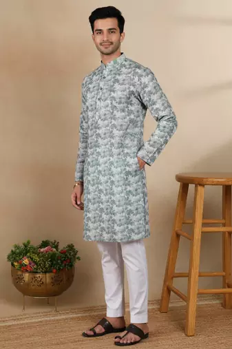 Green linen fabric printed ethnic looks kurta payjama for men