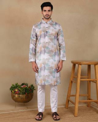 Off white linen fabric printed ethnic looks kurta payjama for men 1
