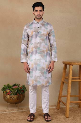 Off white linen fabric printed ethnic looks kurta payjama for men