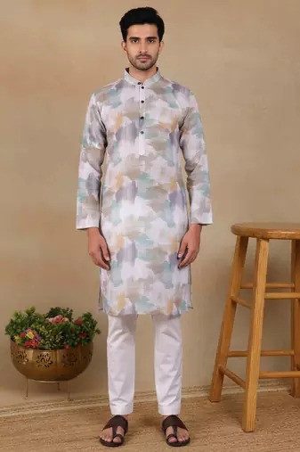 Off white linen fabric printed ethnic looks kurta payjama for men
