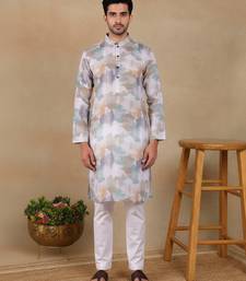 Off white linen fabric printed ethnic looks kurta payjama for men