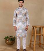 Off white linen fabric printed ethnic looks kurta payjama for men