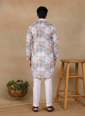 Off white linen fabric printed ethnic looks kurta payjama for men 2