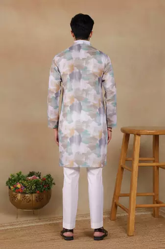 Off white linen fabric printed ethnic looks kurta payjama for men